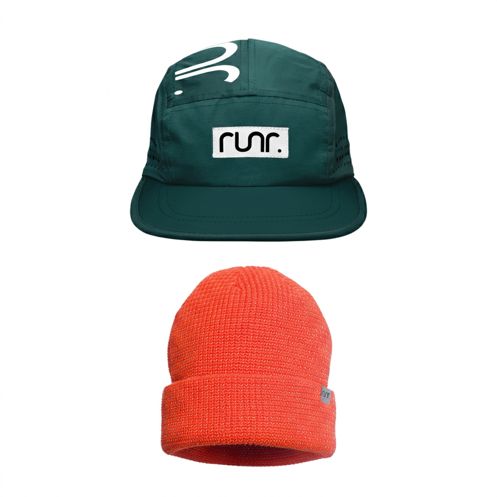 Budapest running hat above coral reflective beanie