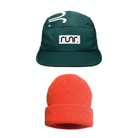 Budapest running hat above coral reflective beanie