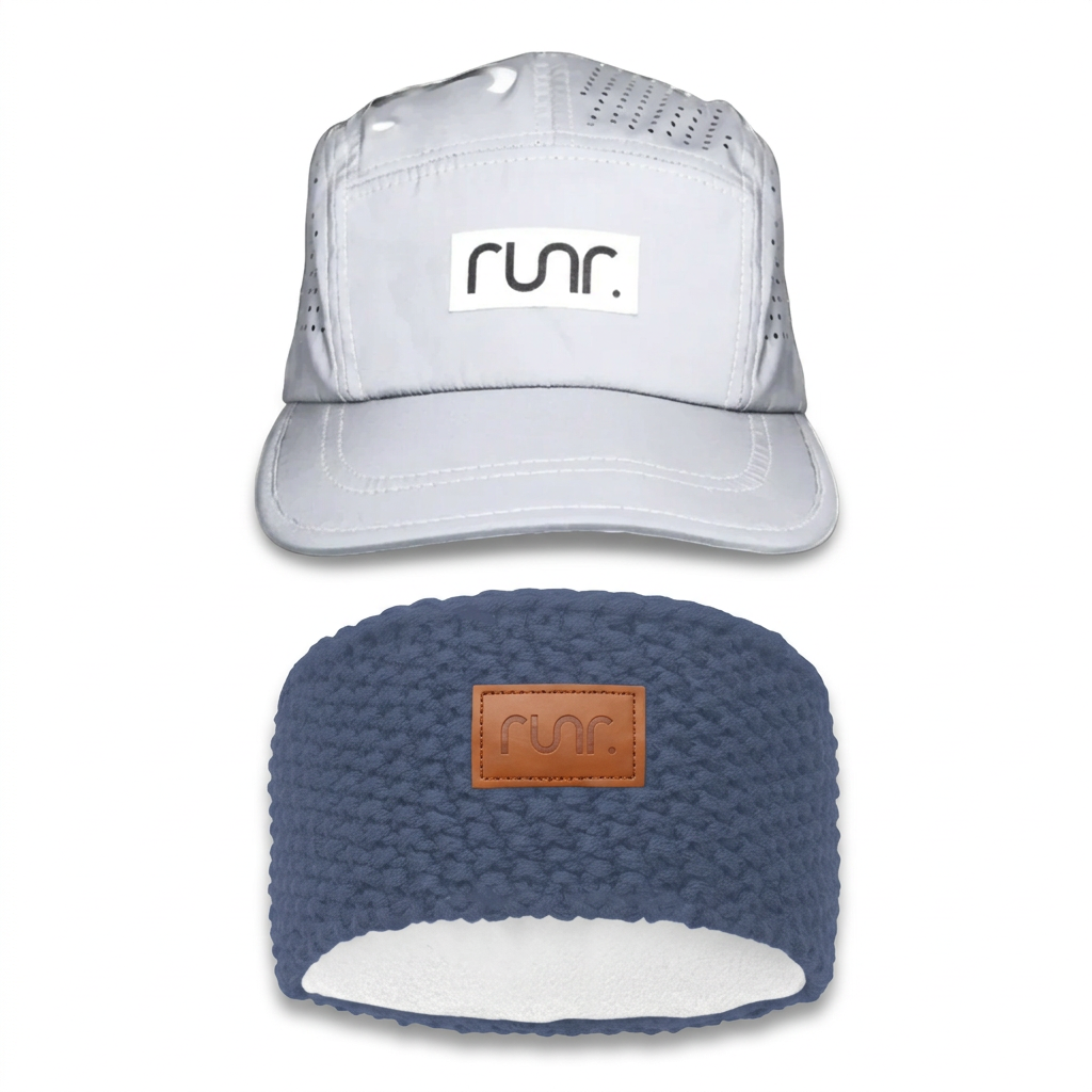 Lumos Silver running hat above Tahoe fleece headband