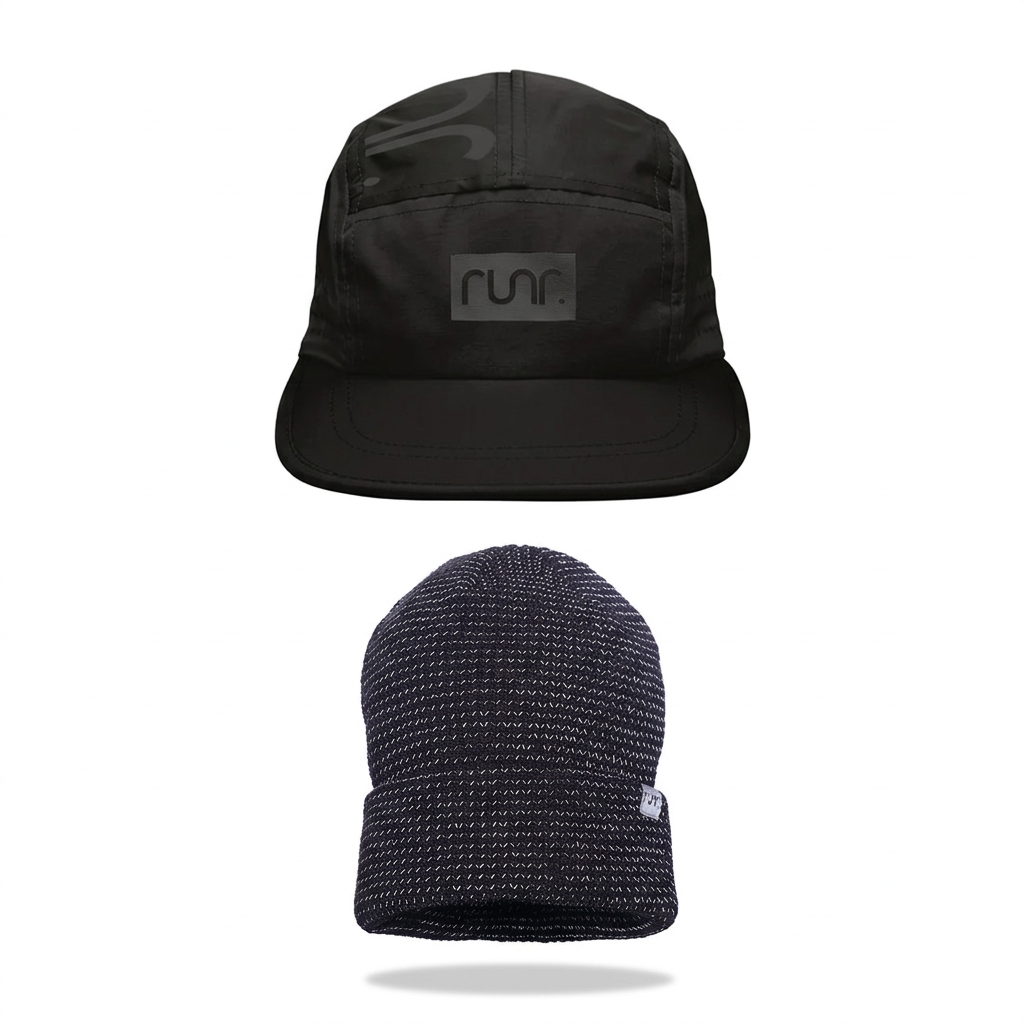 Milan Blackout running hat above Midnight Black reflective beanie