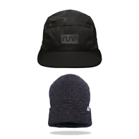 Milan Blackout running hat above Midnight Black reflective beanie
