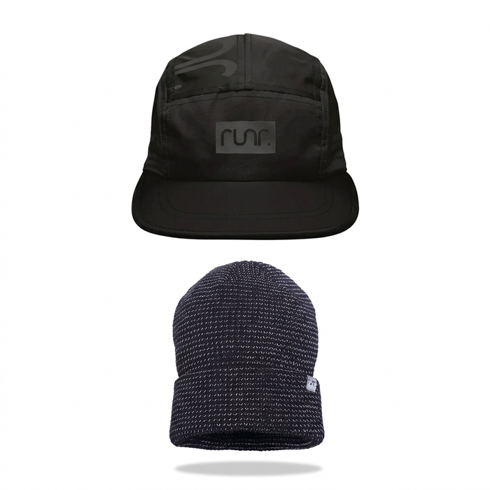 Milan Blackout running hat above Midnight Black reflective beanie