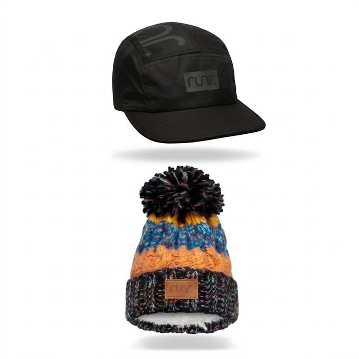 Milan Blackout running hat above Montana bobble hat